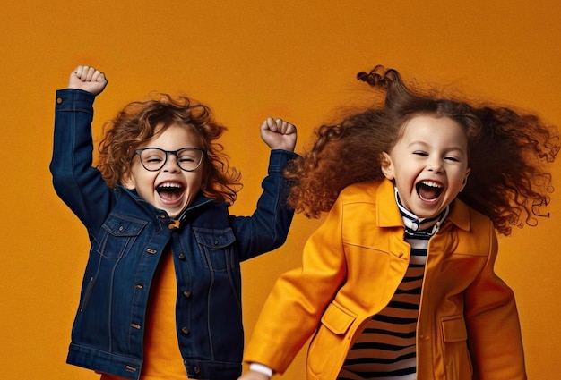 Des jeunes enfants heureux sautent dans les airs sur un fond coloré et lumineux.