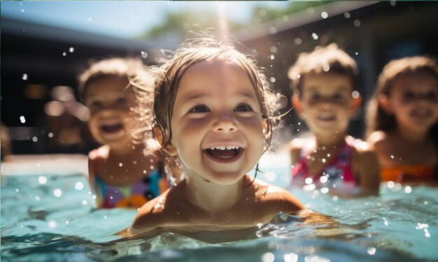 Des jeunes enfants prennent des leçons de natation dans la piscine.