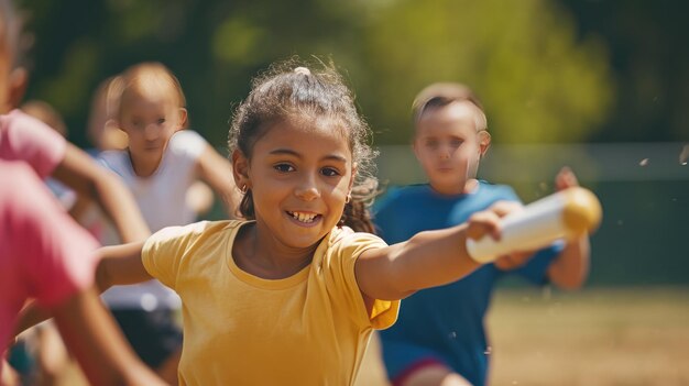 Photo des jeunes enfants s'engagent dans une partie de baseball jour des enfants