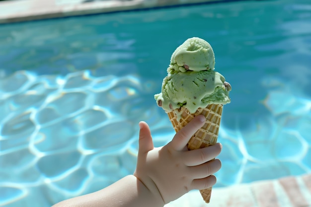 Les jeunes enfants se tiennent la main avec un cône de crème glacée à la pistache verte près d'une piscine