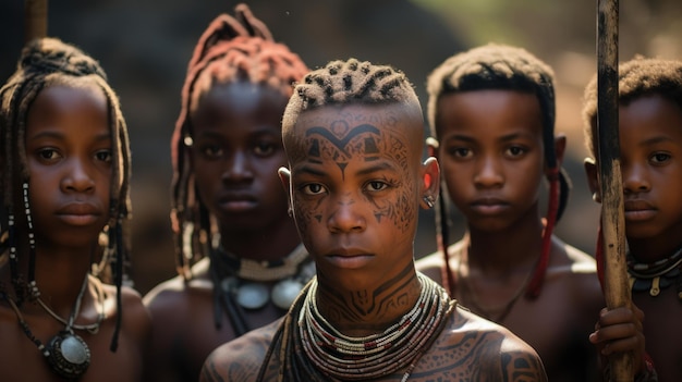 Photo jeunes et enfants d'une tribu africaine complète avec des tatouages culturels des cosmétiques et des armes de lance de bois de pierre groupes ethniques en afrique