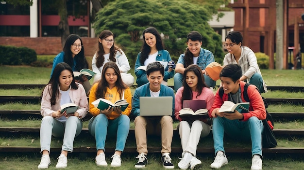 Photo de jeunes étudiants indiens d'origine asiatique lisant des livres, étudiant sur un ordinateur portable, se préparant à un examen ou à un travail.