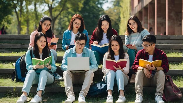 Photo de jeunes étudiants indiens d'origine asiatique lisant des livres, étudiant sur un ordinateur portable, se préparant à un examen ou à un travail.