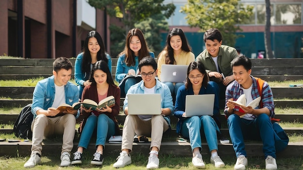 Photo de jeunes étudiants indiens d'origine asiatique lisant des livres, étudiant sur un ordinateur portable, se préparant à un examen ou à un travail.