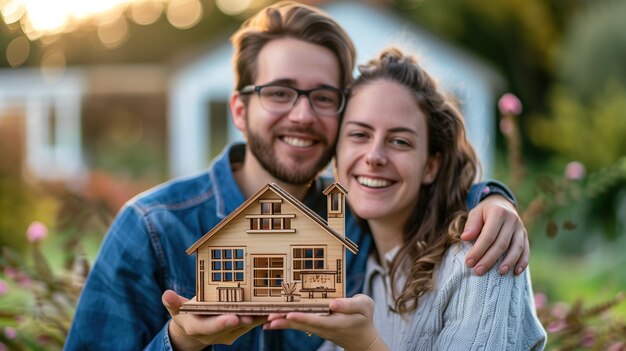 Photo jeunes expatriés australiens tenant un modèle de maison