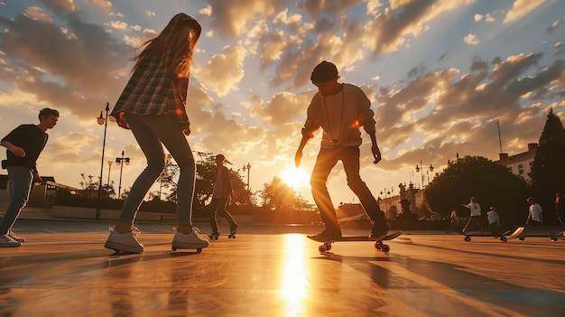 Photo des jeunes faisant du skateboard dans un parc de skate urbain le soleil se couche derrière eux