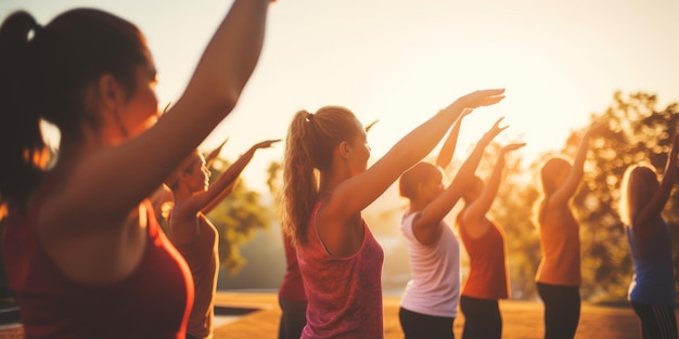 Des jeunes faisant de l'exercice d'échauffement ensemble au milieu de l'image vêtements de sport d'été