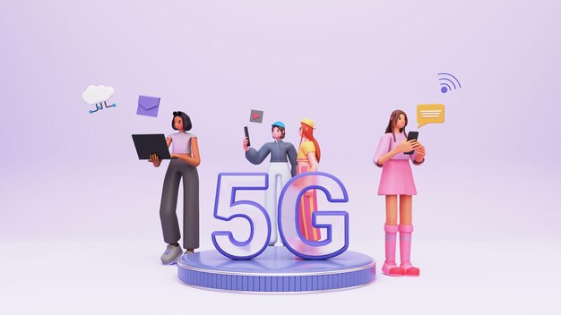 Jeunes femmes 3D utilisant le réseau 5G haut débit dans leurs appareils sur fond violet pastel