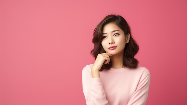 Jeunes femmes asiatiques pensant se sentir confuses isolées sur fond rose avec espace de copie