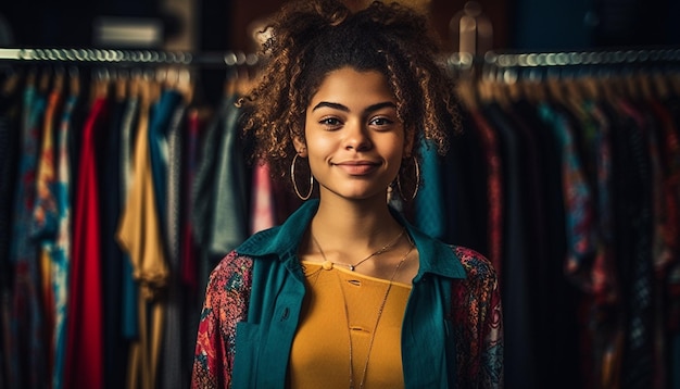 Jeunes femmes confiantes souriantes dans un magasin de vêtements généré par l'IA