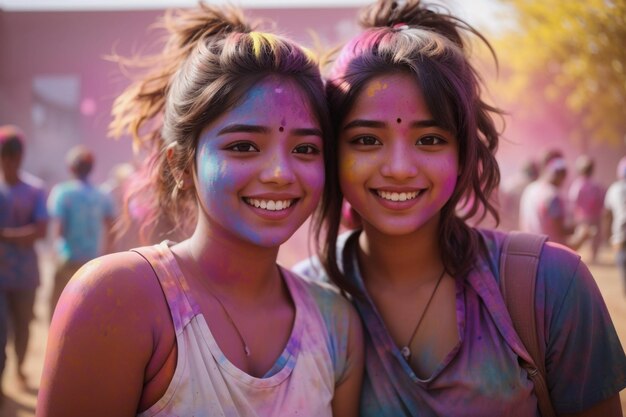 jeunes femmes couvertes de couleurs de Holi dansant dans le festival de Holi