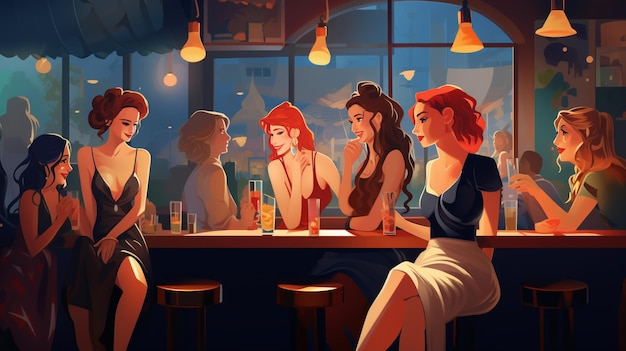 Jeunes femmes dans un bar pub illustration plate