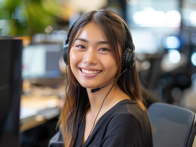 Des jeunes femmes du centre d'appels avec des écouteurs.