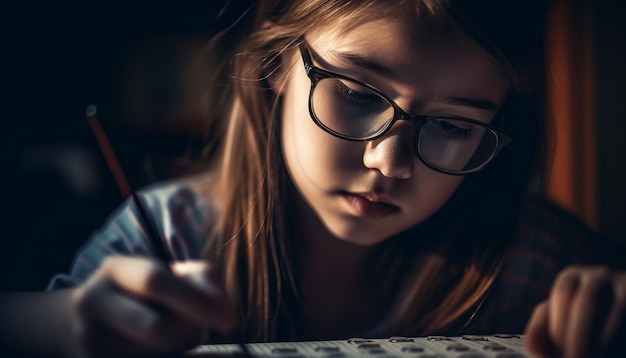 Jeunes femmes étudiant à l'intérieur en utilisant la technologie pour l'éducation et la concentration générée par l'intelligence artificielle