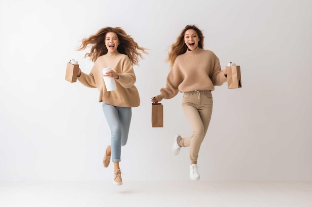 Jeunes femmes excitées en chandails sautant et tenant des tasses de café