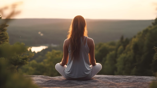 Des jeunes femmes faisant du yoga au sommet d'une montagne.