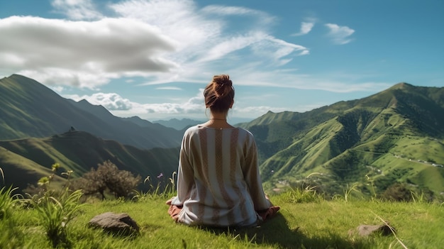 Des jeunes femmes faisant du yoga au sommet d'une montagne.