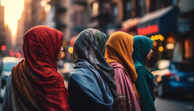 Jeunes femmes en hijab marchant à Dubaï générées par l'IA