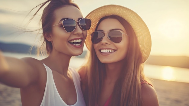 Jeunes femmes IA génératives sur la plage prenant des selfies