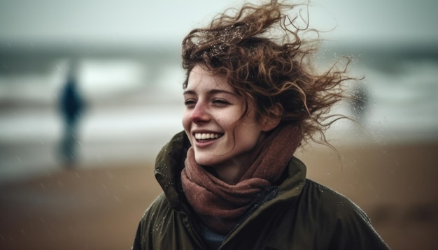 Les jeunes femmes sentent le vent froid sur la plage