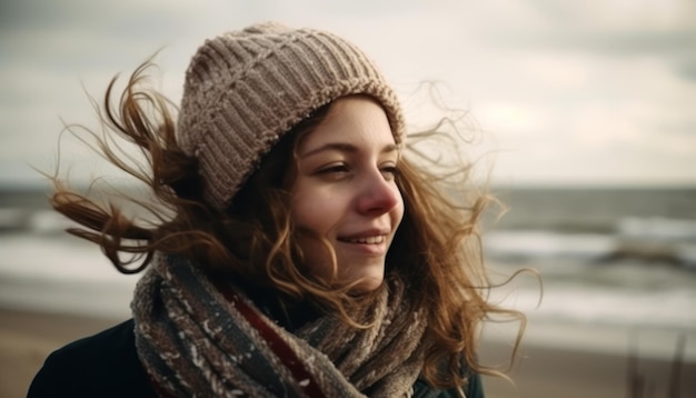 Les jeunes femmes sentent le vent froid sur la plage