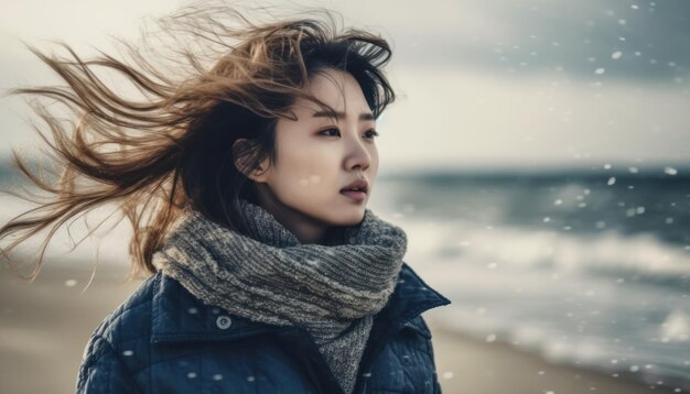 Les jeunes femmes sentent le vent froid sur la plage