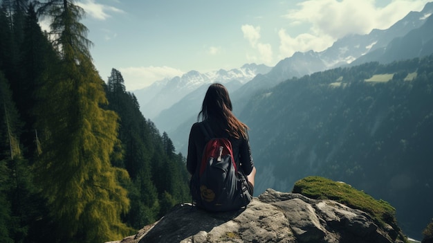 Les jeunes femmes voyageuses regardent les incroyables montagnes et forêts, idées de voyage envie d'aventure