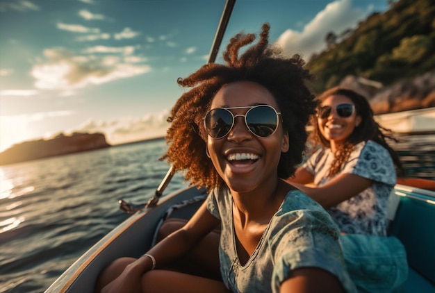 Photo jeunes femmes yacht joyeux style de vie heureux bateau d'été ensemble voyage amis ia générative