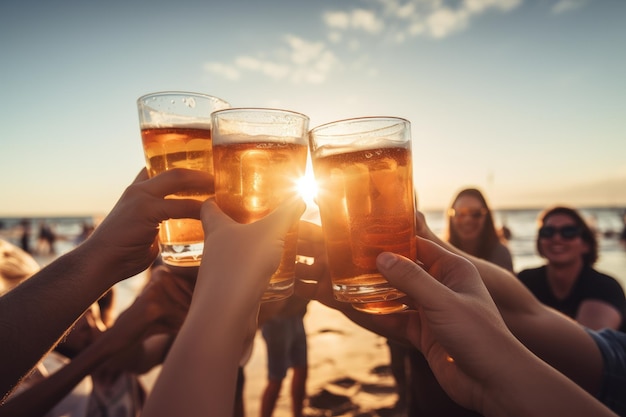 Des jeunes fêtards trinquent avec de la bière sur la plage Generative AI