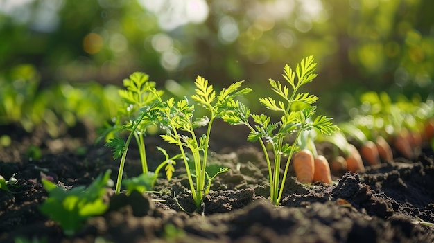 De jeunes feuilles de carottes qui poussent dans le jardin Une prise de vue rapprochée de carottes poussant dans le champ