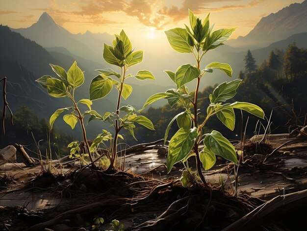 Photo jeunes formes de vie de plantes se dressant du sol avec le soleil