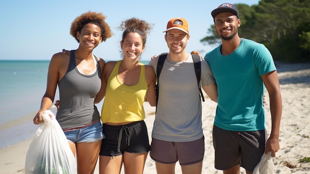 Photo jeunes garçons et filles recyclant nettoyant la plage aidant la communauté locale à voyager de manière durable