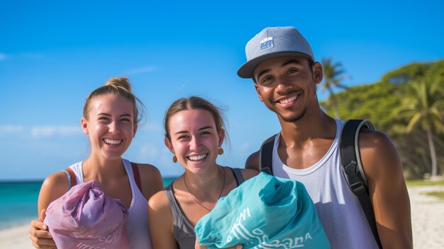 Photo jeunes garçons et filles recyclant nettoyant la plage aidant la communauté locale à voyager de manière durable