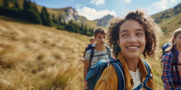 Jeunes gens actifs adolescents en randonnée dans les montagnes bannière