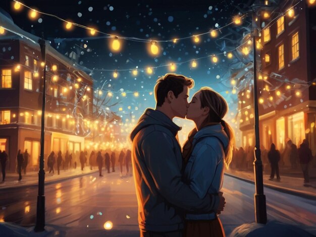 jeunes gens s'embrassant sous le concept lumineux de Noël et de la nouvelle année