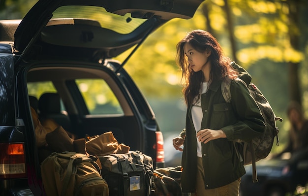 Des jeunes heureux allant en voiture de la ville à la nature Concept de vacances étudiantes Beau paysage d'été Photo de haute qualité