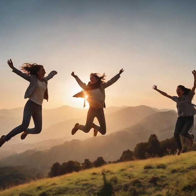 Des jeunes heureux sautant sur la colline avec le soleil en arrière-plan