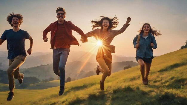 Des jeunes heureux sautent sur la colline avec le soleil en arrière-plan.