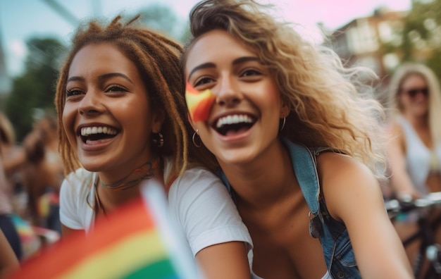 Des jeunes heureux souriants et à vélo lors du défilé de la fierté LGBTQ à Amsterdam