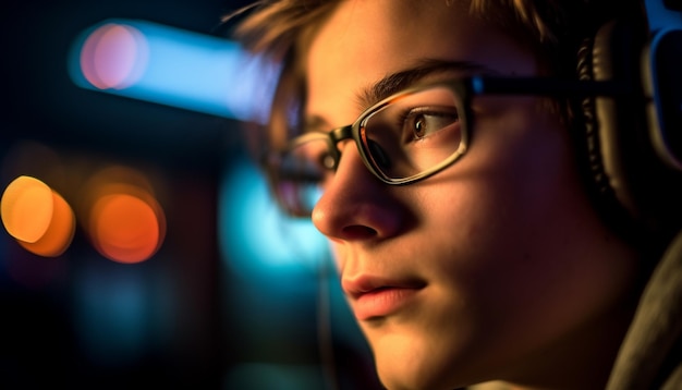 Jeunes hommes adultes portant des lunettes profitant de la vie nocturne générée par l'IA