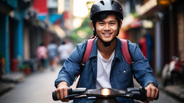 jeunes hommes asiatiques sur un scooter portant un casque et un visage souriant tiré sur tout le corps