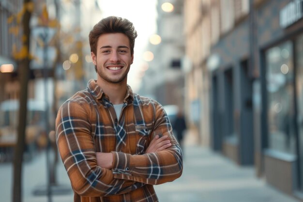 Des jeunes hommes souriants avec les bras croisés dans une ville