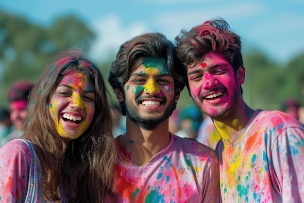 Jeunes Indiens célébrant le festival Holi avec de la peinture colorée