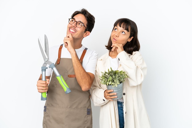 Jeunes jardiniers de race mixte tenant une plante et un sécateur isolés sur fond blanc en pensant à une idée tout en levant les yeux