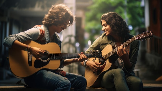 Les jeunes jouent de la guitare avec des amis