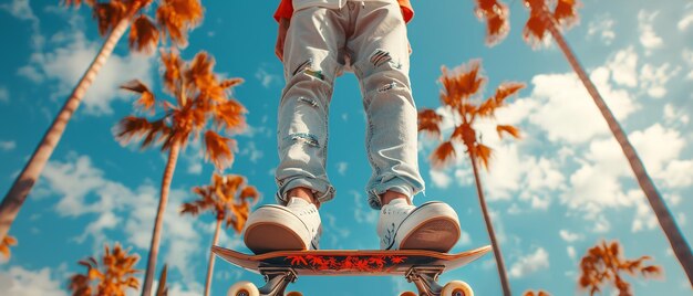 Les jeunes mâles font du skateboard sur un cadre de palmiers et un ciel bleu idyllique, une ambiance d'été et de l'espace.