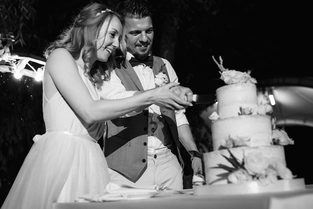 Les jeunes mariés coupent, rient et goûtent joyeusement le gâteau de mariage