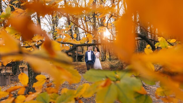 Les jeunes mariés se promènent dans le parc en automne Au premier plan se trouve une branche avec des feuilles jaunes
