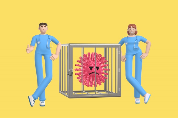 De jeunes médecins ont vaincu le virus et l'ont enfermé dans une cage. Molécule de SRAS personnage de dessin animé drôle et effrayant. Stop à la maladie, pandémie