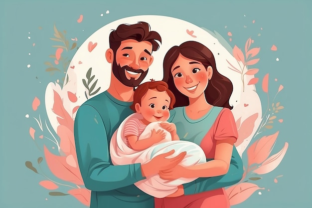 Jeunes mères et pères heureux tenant le nouveau-né dans les mains maternité parentage et accouchement parents embrassant bébé enfant bonheur soins et amour félicitations illustration de dessin animé